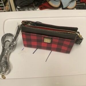 Dooney& Bourke Kenzie crossbody! Adorable red black Buffalo check  8” x 6”.